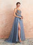 A Line Tulle V Neck Beadings Prom Dress with Slit LBQ0706